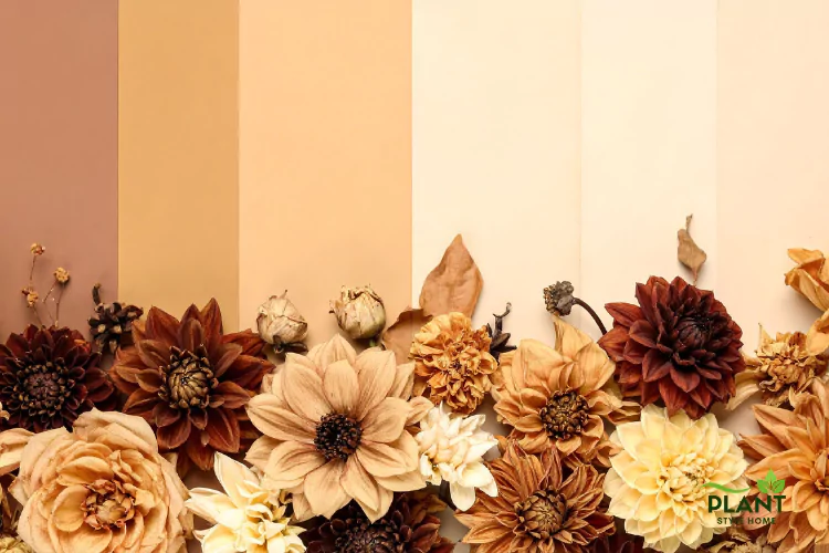 Floral flat lay arrangement of various dahlia, rose, and dried flowers in a warm, monochromatic palette of brown, rust, terracotta, and cream against a background of vertical color swatches.