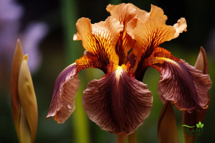 Brown Iris flower with reddish-brown lower petals and warm orange upper petals, showcasing its intricate patterns against a dark, blurred background.