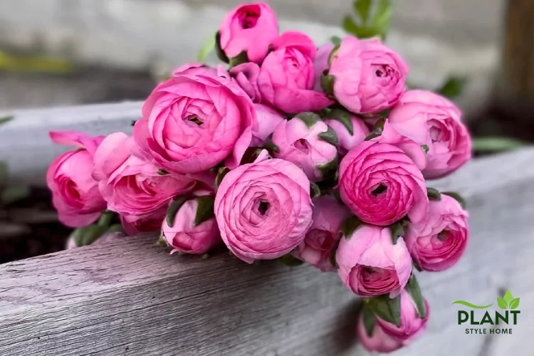 A tight bouquet of deep pink Ranunculus flowers with many ruffled petals, resting on a weathered wooden surface.