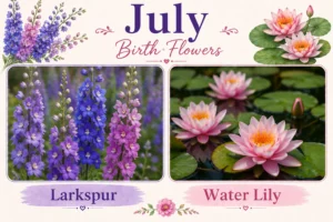 July birth flowers graphic featuring purple larkspur spikes and pink water lily blossoms