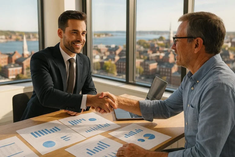 Atlantic Business Brokers professional handshake between broker and business owner in a modern office