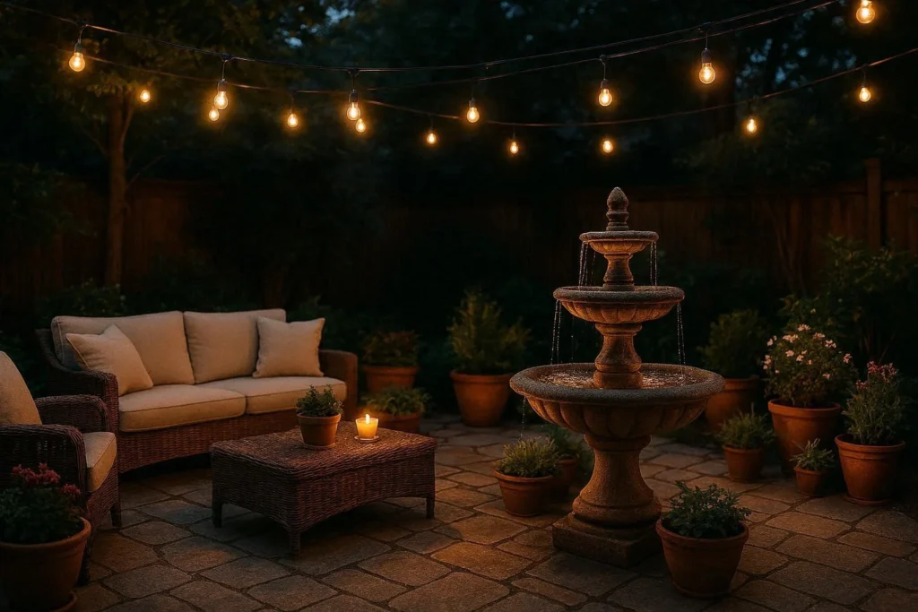 Yard art landscaping backyard with decorative fountain, stone patio, potted plants, and string lights