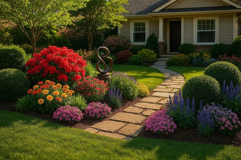 Beautiful yard art landscaping with stone pathway, flowering plants, and garden sculpture