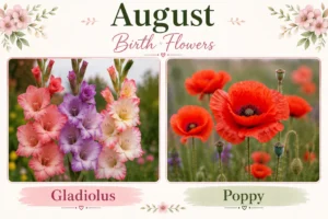 August birth flowers: Gladiolus and Poppy, shown in two photos with elegant labeled titles.
