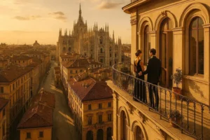 Couple on a luxury Milan penthouse terrace overlooking the city skyline at golden hour