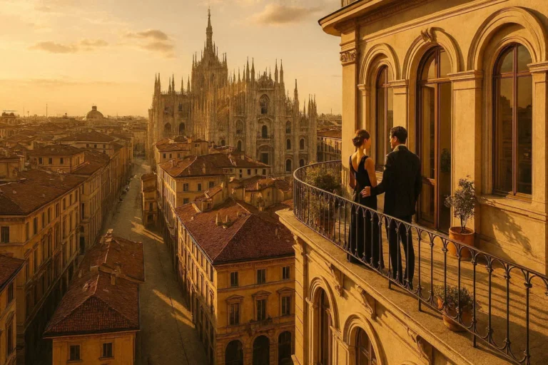 Couple on a luxury Milan penthouse terrace overlooking the city skyline at golden hour
