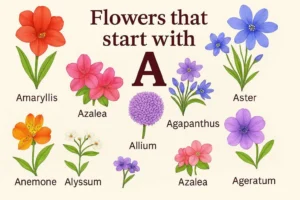 An illustration showcasing various flowers starting with "A," including Amaryllis, Azalea, Allium, Aster, and Agapanthus with labeled text.