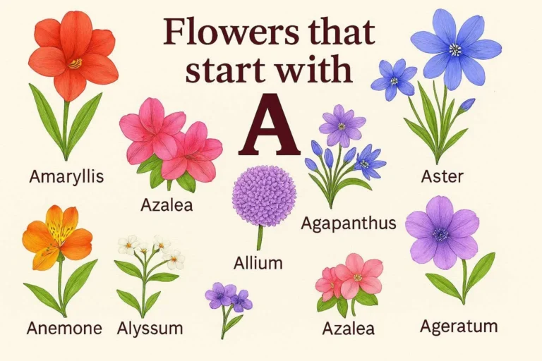 An illustration showcasing various flowers starting with "A," including Amaryllis, Azalea, Allium, Aster, and Agapanthus with labeled text.