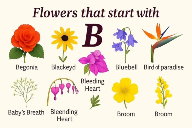 A illustrated chart of flowers that start with B, showing Begonia (red), Black-Eyed Susan (yellow), Bougainvillea (pink-purple), Bluebell (purple), Bird of Paradise (orange and blue), Baby's Breath (white), Bleeding Heart (pink), Buttercup (yellow), and Broom (yellow), arranged around a large decorative letter B on a cream background.