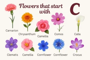 Flowers that start with C - illustrated guide showing carnation, cosmos, and other C flowers