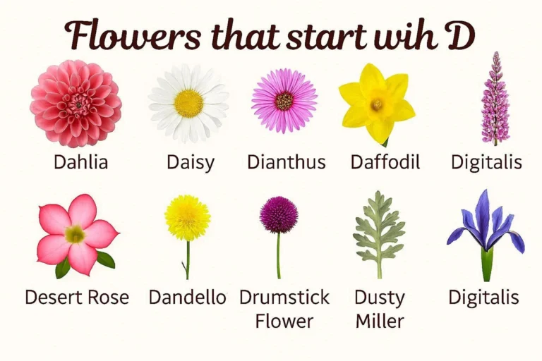 Infographic showing flowers that start with D including dahlia, daisy, dianthus, daffodil, and digitalis with color swatches
