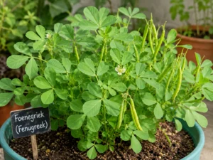 Foenegriek fenugreek plant with fresh green leaves and seeds growing in a home garden or container.