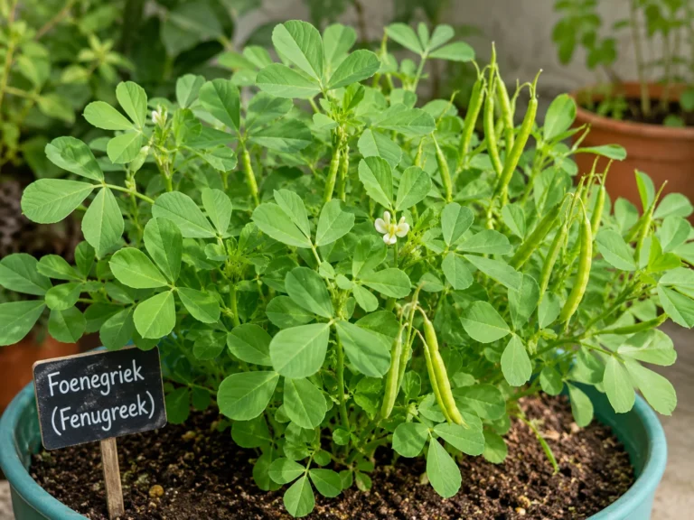 Foenegriek fenugreek plant with fresh green leaves and seeds growing in a home garden or container.