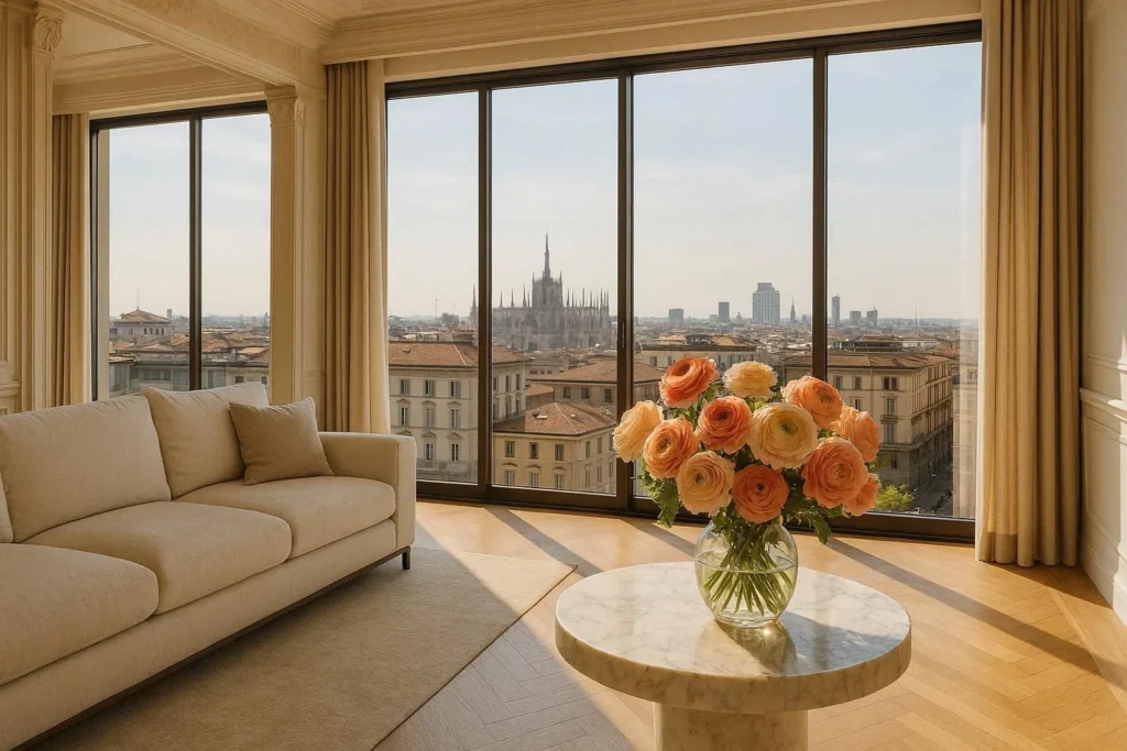 Luxury Milan apartment interior with ranunculus flower bouquet and city views
