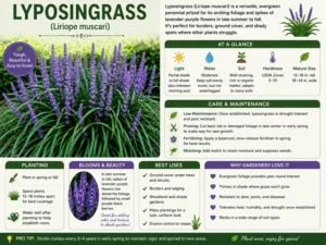 Lush blooming Lyposingrass (Liriope muscari) with graceful arching green foliage and vibrant lavender flower spikes in a low-maintenance garden setting.