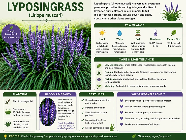 Lush blooming Lyposingrass (Liriope muscari) with graceful arching green foliage and vibrant lavender flower spikes in a low-maintenance garden setting.