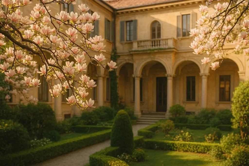 Elegant Milan villa courtyard with blooming magnolia flowers and manicured garden