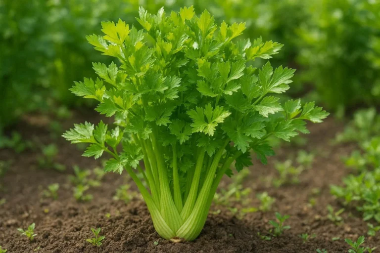 Pravi Celer true celery plant growing in garden with lush green stalks and fresh leaves
