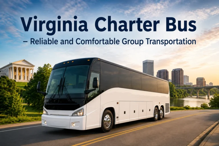 White charter bus driving on a road with a Virginia city skyline background.