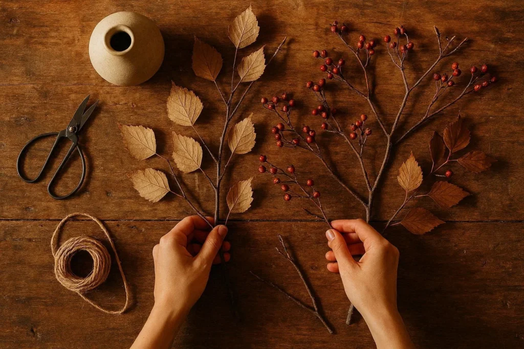 Birch branches home decor styling with dried twigs and a ceramic vase