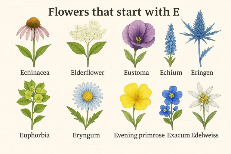Illustrated chart showing flowers that start with E including Echinacea, Elderflower, Eustoma, Echium, and Erigeron