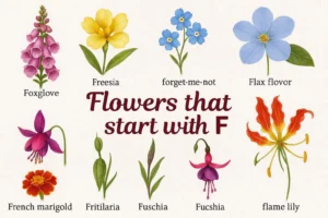 Illustrated guide showing beautiful flowers that start with F