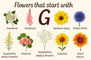 Collage of beautiful flowers that start with G including Gardenia, Gaillardia, and other popular G flowers