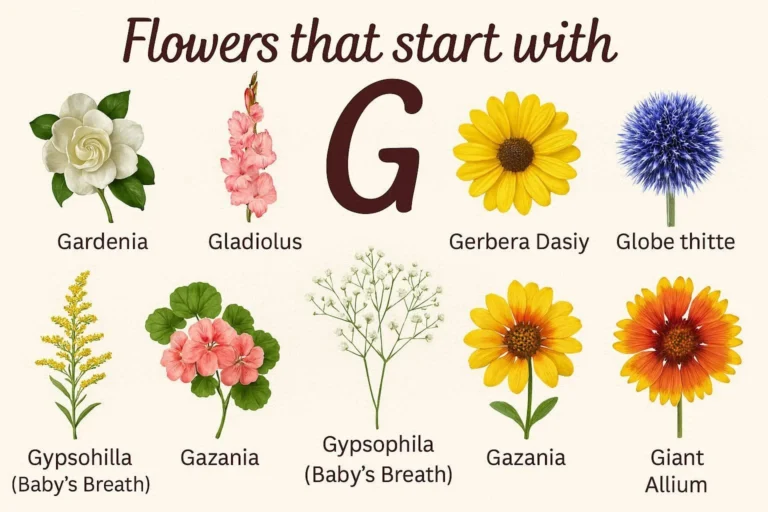Collage of beautiful flowers that start with G including Gardenia, Gaillardia, and other popular G flowers
