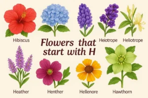 Flowers that start with H collage featuring hydrangea, hibiscus, and more