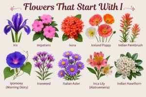 Collage of beautiful flowers that start with I, including Iris, Ixora, and Inca Lily
