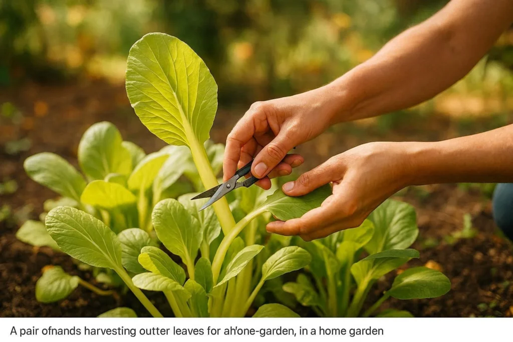 Gardener harvesting Yalla Choy leaves with scissors in a home garden in natural daylight