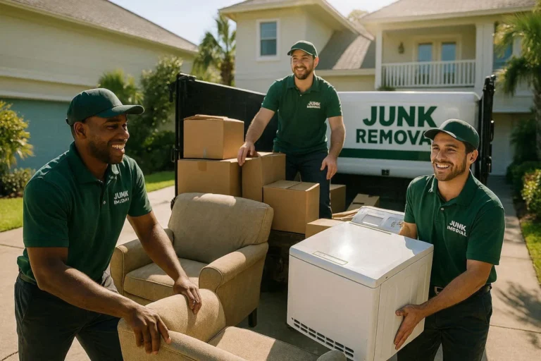 Ponderosa Hauling team members loading old furniture and debris into a truck during a residential junk removal job in Ocean Springs, MS.