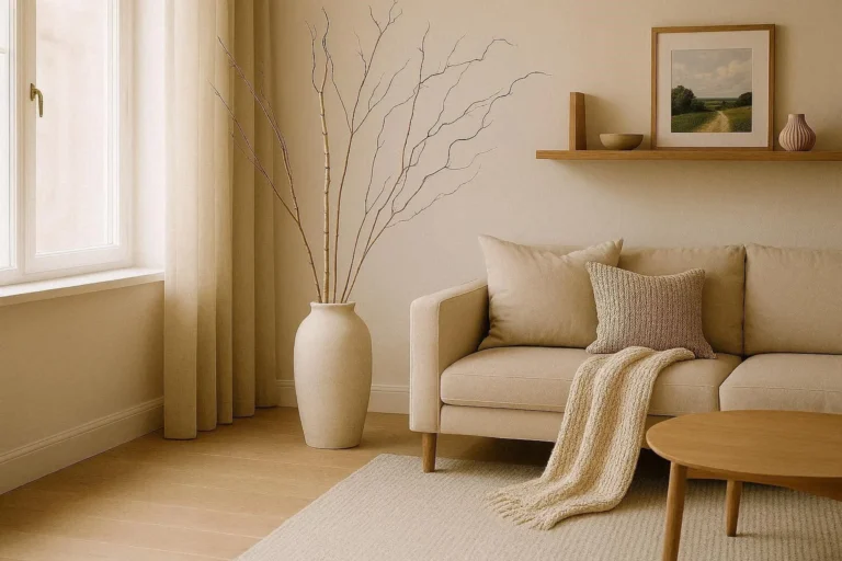 Pyntekvister decorative branches styled in a tall vase in a Scandinavian living room