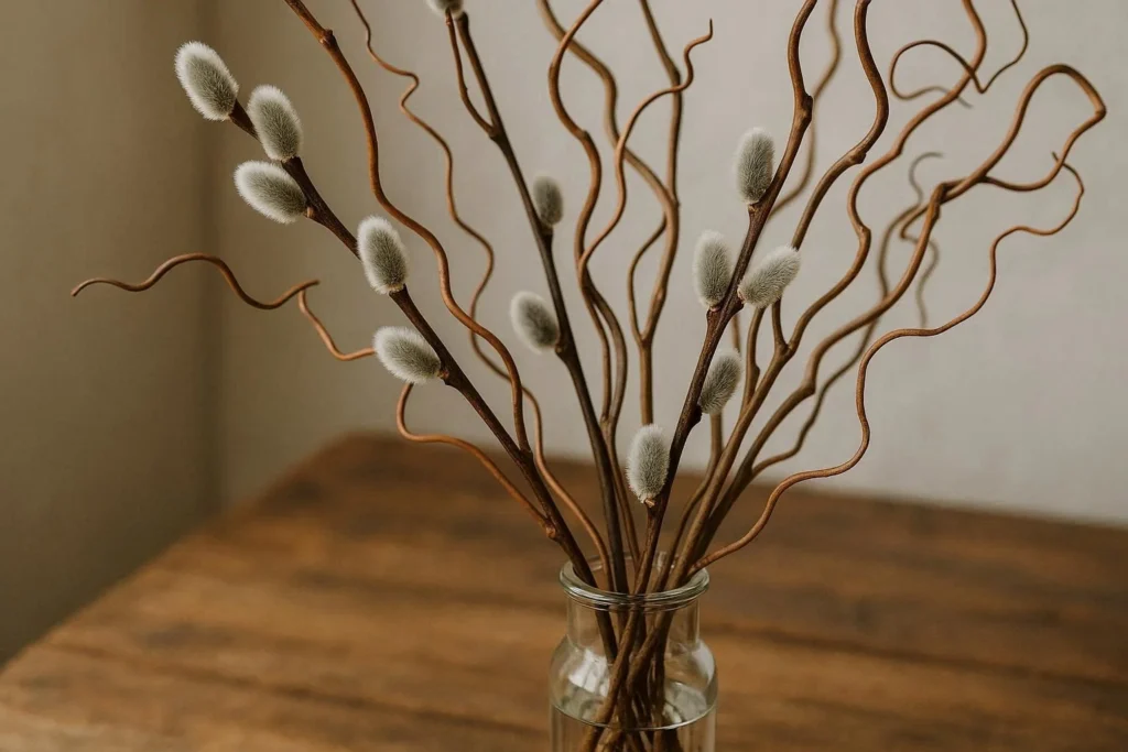 Willow branches decoration with pussy willow and curly willow in a glass vase