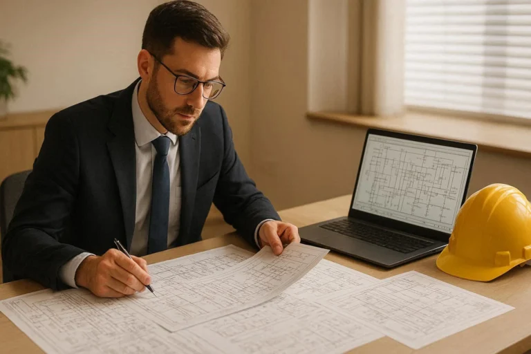 Professional electrical design consultant reviewing blueprints and schematics at a modern workspace, representing Witherell Design and Consult electrical services.