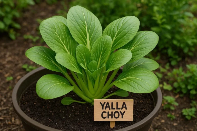 Yalla Choy Asian leafy vegetable with fresh green leaves growing in a home garden or container