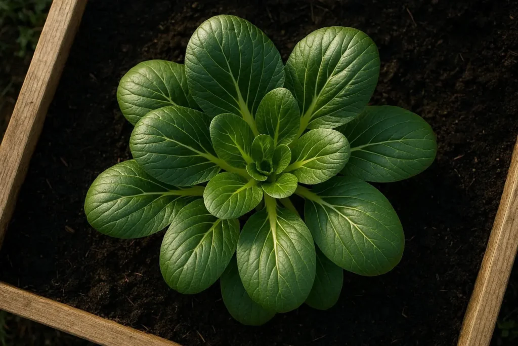 Yalla Choy plant growing in a raised garden bed with healthy glossy green leaves and rich dark soil