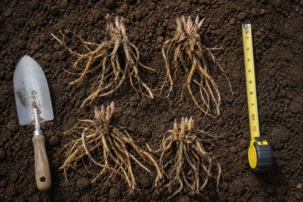 Asparagus crowns with spider-like roots ready for trench planting