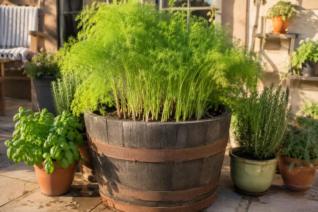 How to grow asparagus in a container - mature plant with feathery fronds in a large pot on a patio