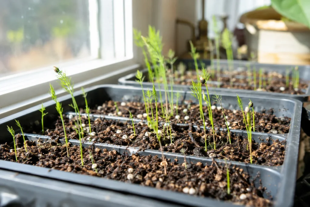 How to grow asparagus from seed - young seedlings sprouting in trays indoors