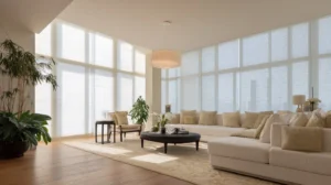 Bright, modern living room featuring large floor-to-ceiling windows with elegant white horizontal blinds that filter natural light beautifully.