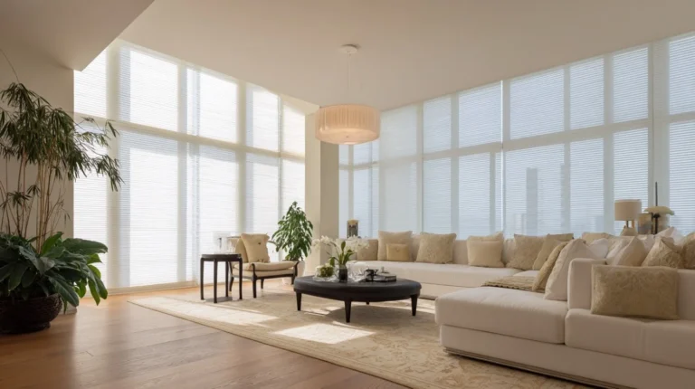 Bright, modern living room featuring large floor-to-ceiling windows with elegant white horizontal blinds that filter natural light beautifully.