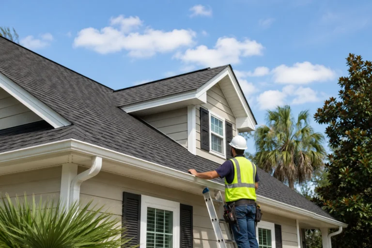 Cane Bay Roofing contractor inspecting a newly installed roof and gutters on a South Carolina home