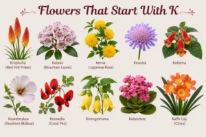 Collage of beautiful flowers that start with K including Kniphofia, Kalanchoe, and Kalmia