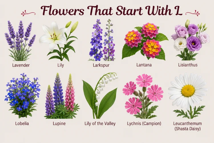 Flowers that start with L including lily, lavender, larkspur, and lantana illustration