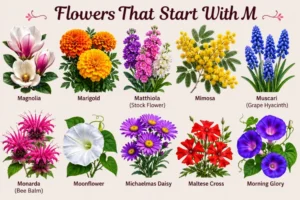 Collage of beautiful flowers that start with M including magnolia, marigold, and muscari