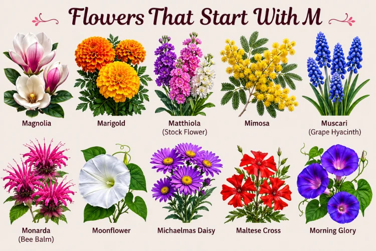 Collage of beautiful flowers that start with M including magnolia, marigold, and muscari