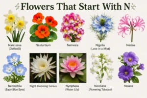 Collage of beautiful flowers that start with N, including narcissus, nasturtium, nemesia, and nigella