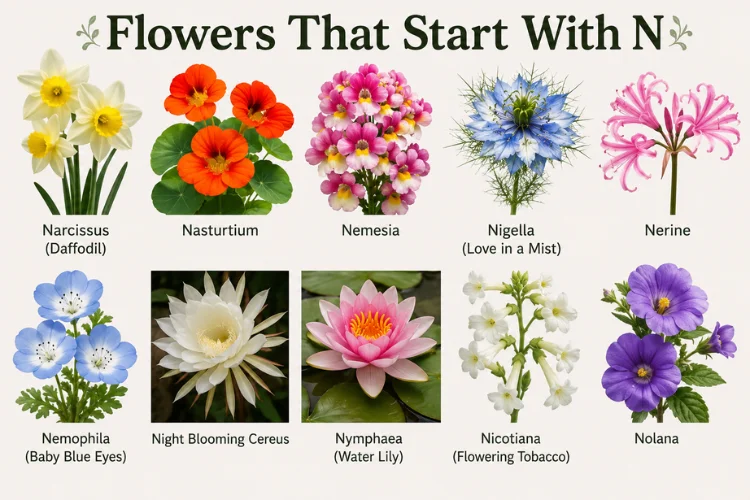Collage of beautiful flowers that start with N, including narcissus, nasturtium, nemesia, and nigella
