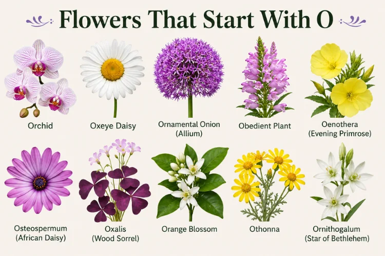 Flowers that start with O collage featuring orchid, allium, oxeye daisy, and other O flowers